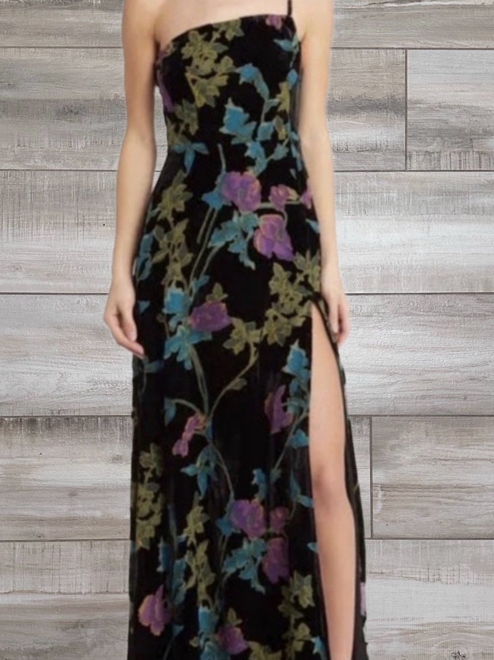 Lulu's Black Floral Velvet Maxi Skirt with Purple & Teal Accents